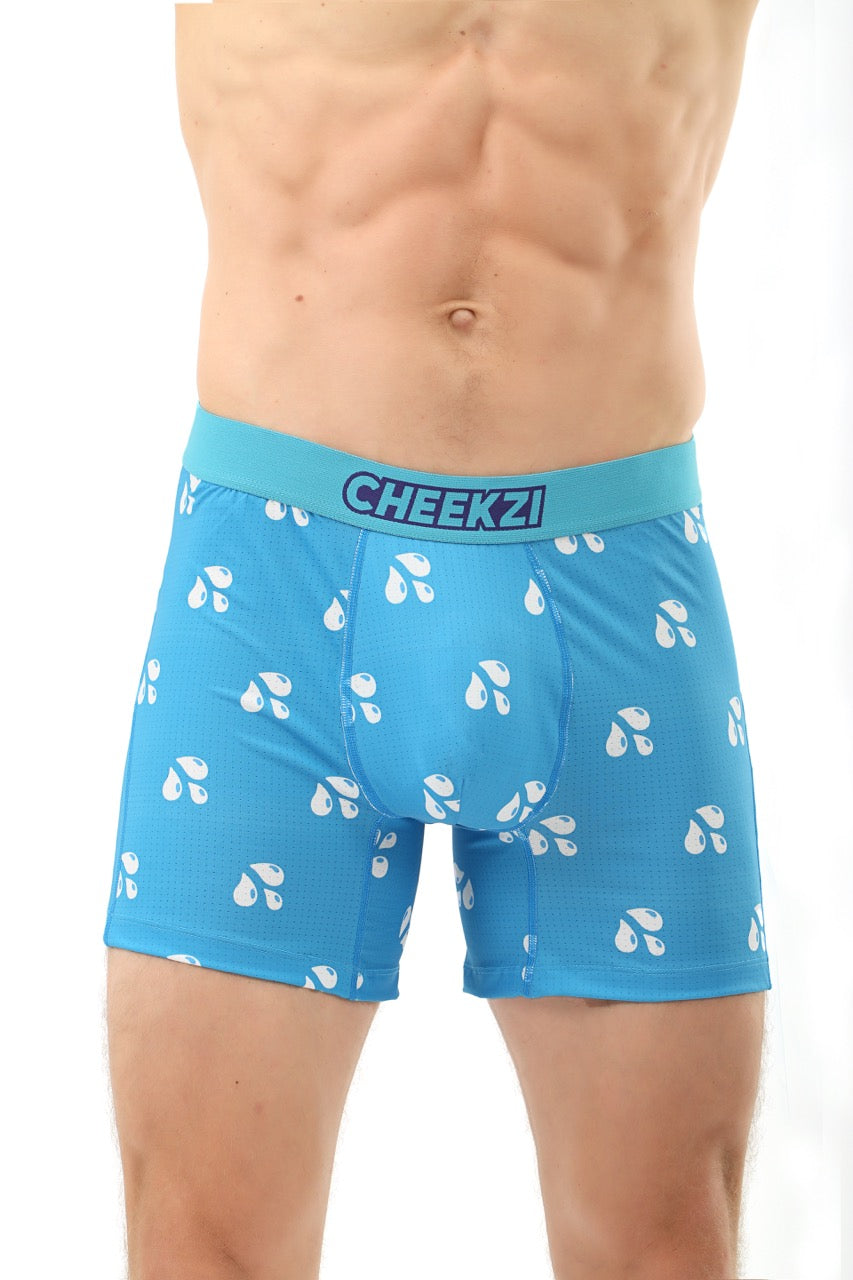 Sky blue underwear with fun droplet print, soft and breathable fabric, designed for comfort and style.