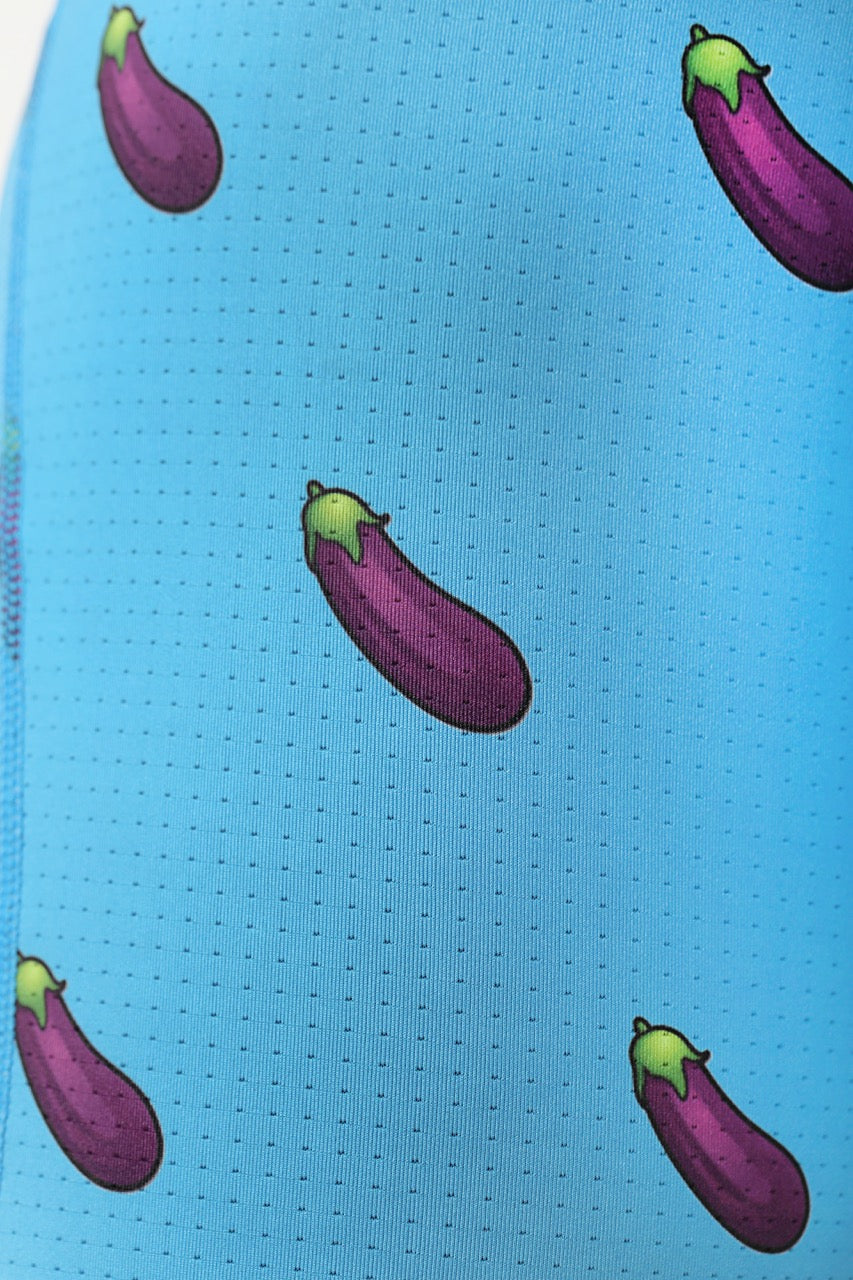 Sky blue men’s briefs featuring a bold eggplant print, playful and comfortable for a stylish look.