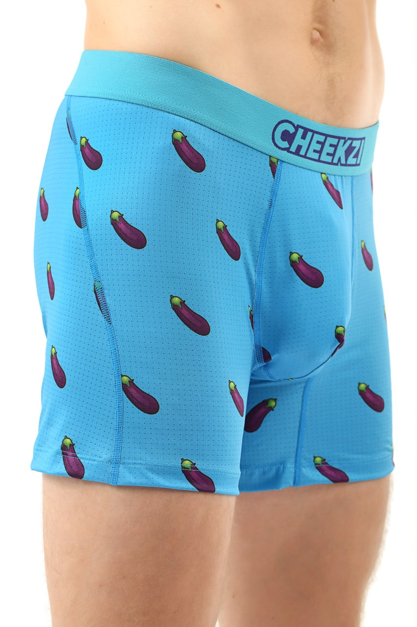 Sky blue men’s briefs featuring a bold eggplant print, playful and comfortable for a stylish look.