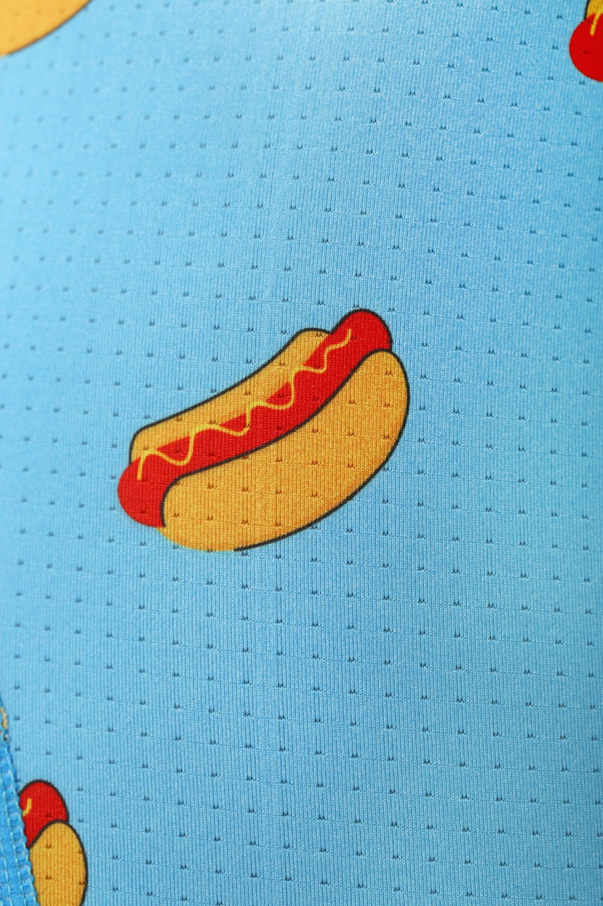 Sky blue hot dog print men’s underwear, featuring a fun design with soft fabric for all-day comfort.