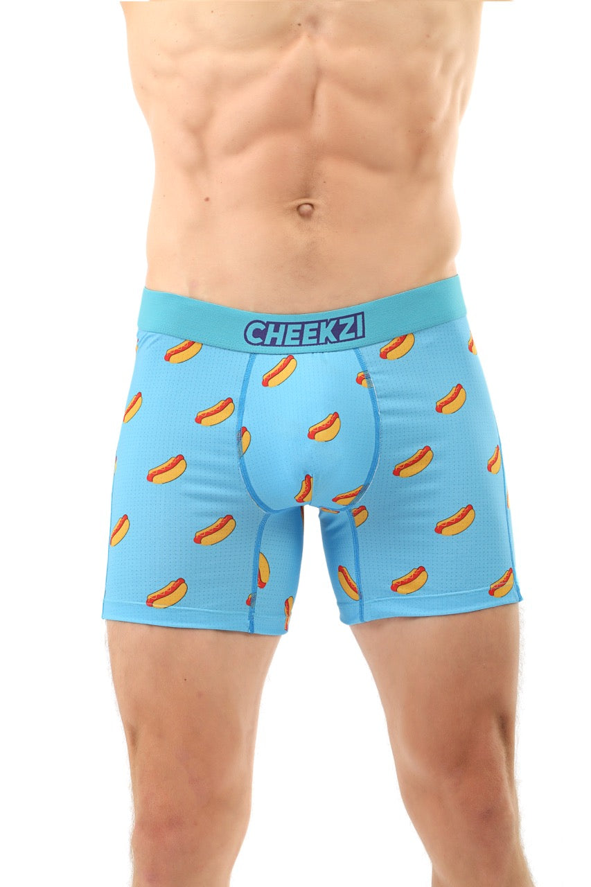 Sky blue hot dog print men’s underwear, featuring a fun design with soft fabric for all-day comfort.