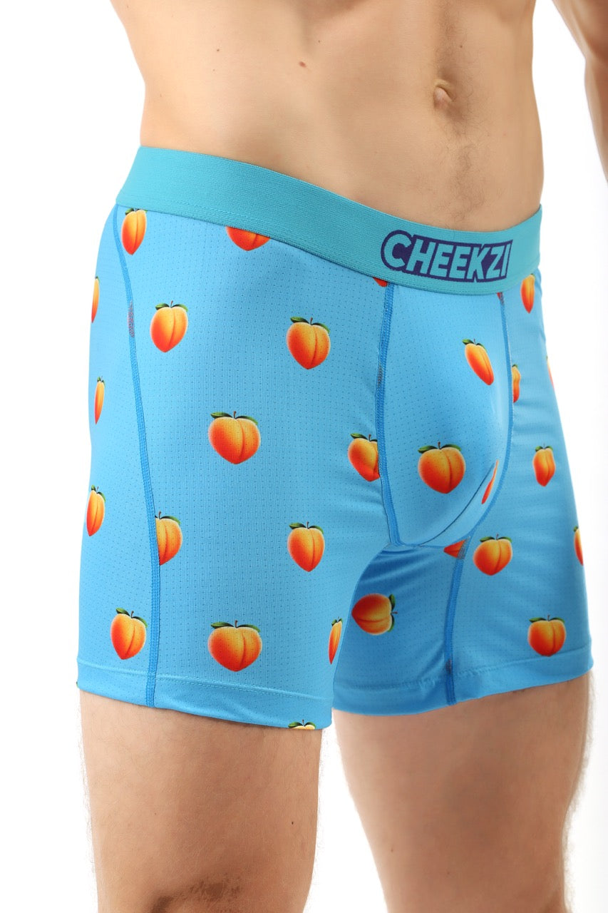 Sky blue underwear with cheeky peach print, designed for comfort and a flirty, fun look.